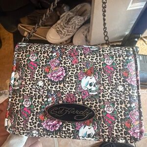 Ed Hardy Leopard Print Crossbody Bag with Skulls and Roses